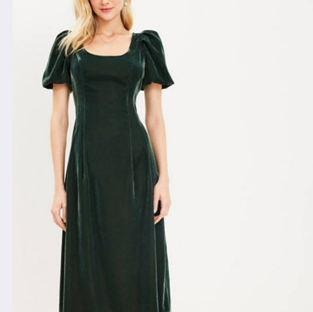BNWT Loft Puff Sleeve Dark Emerald Shadow Velvet Midi Dress In Size 16